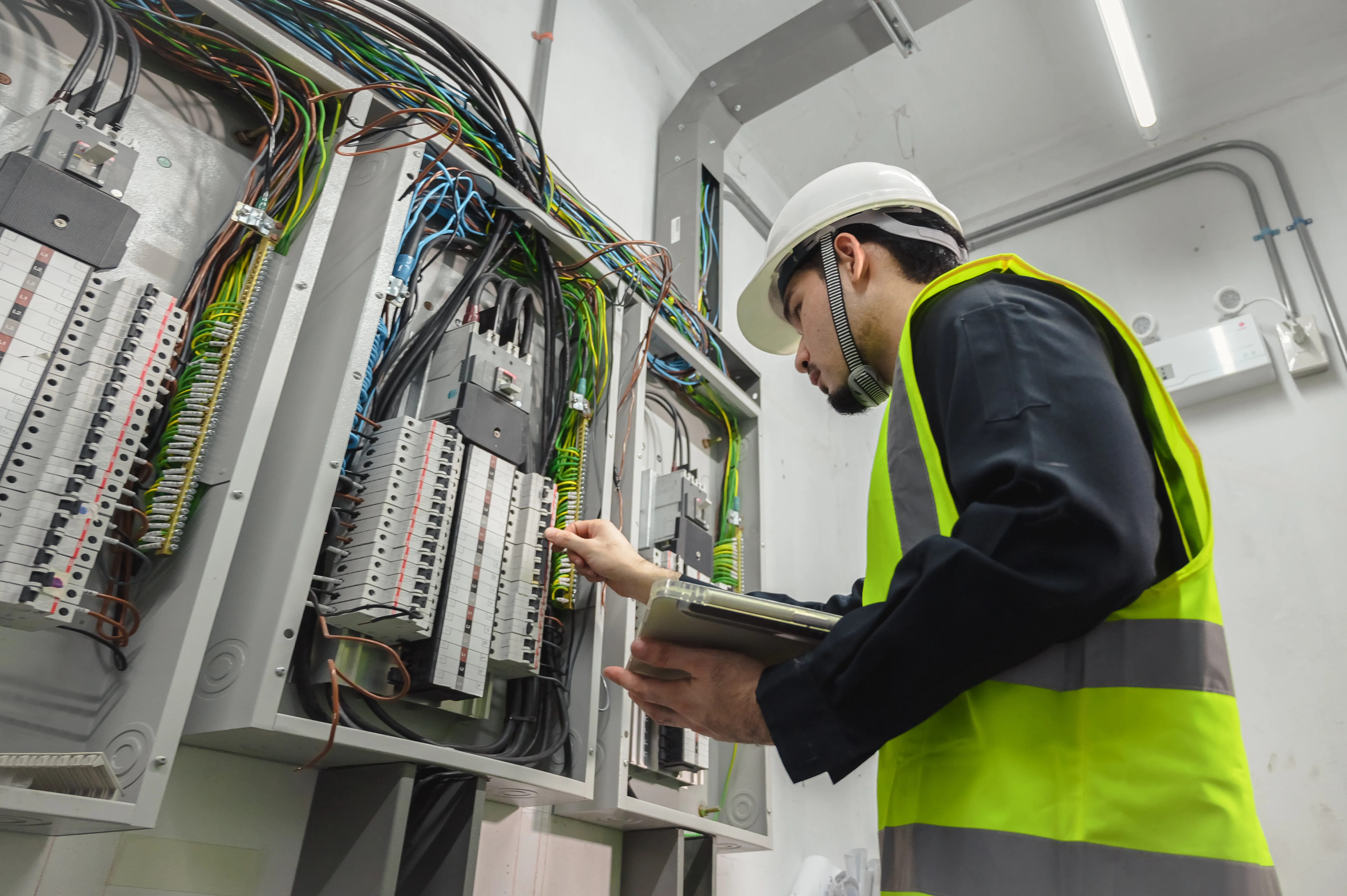 Equipo de ingenieros eléctricos trabajando frente al panel de control.