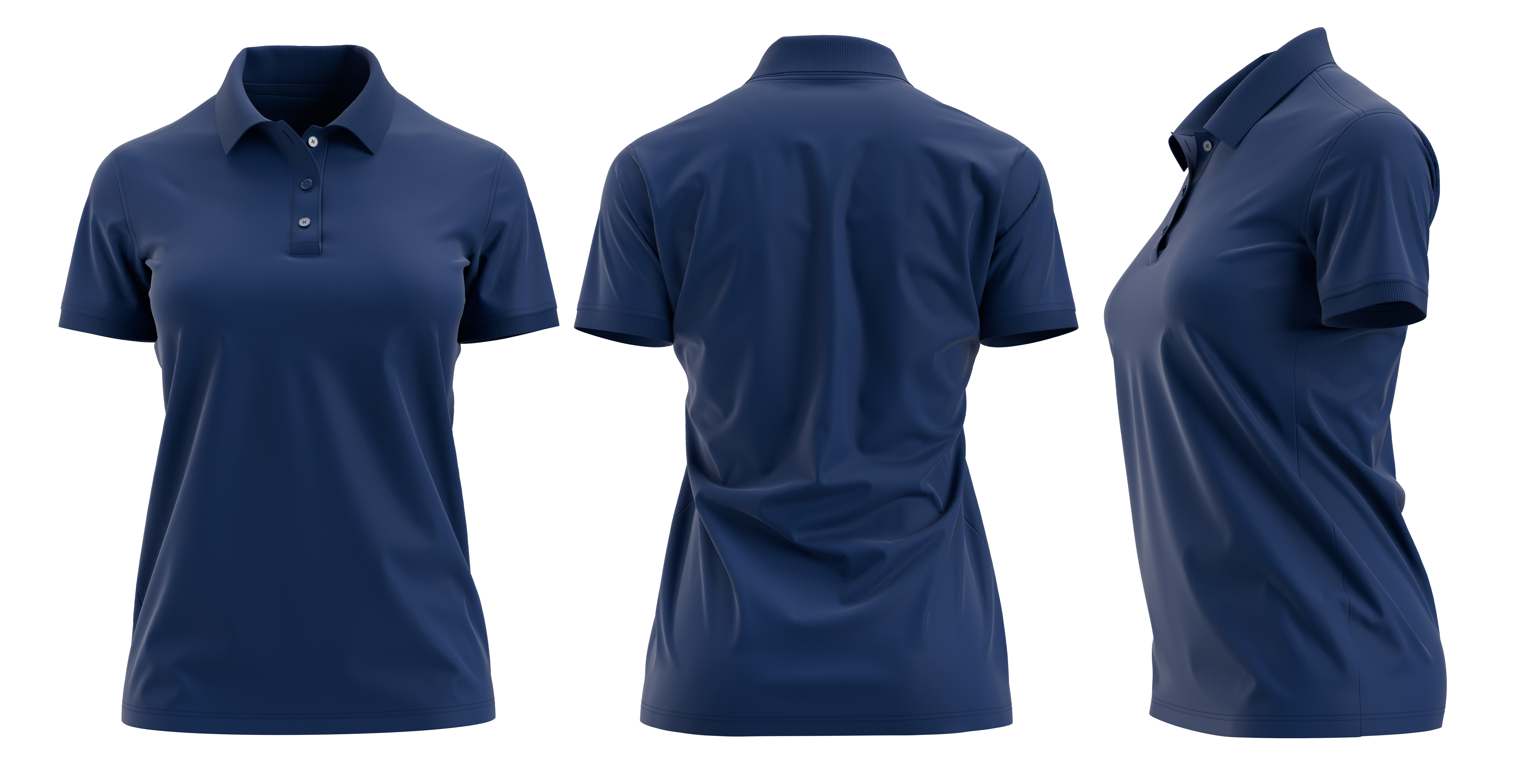 Playera tipo polo para mujer mostrándose de frente, de costado y vista posterior