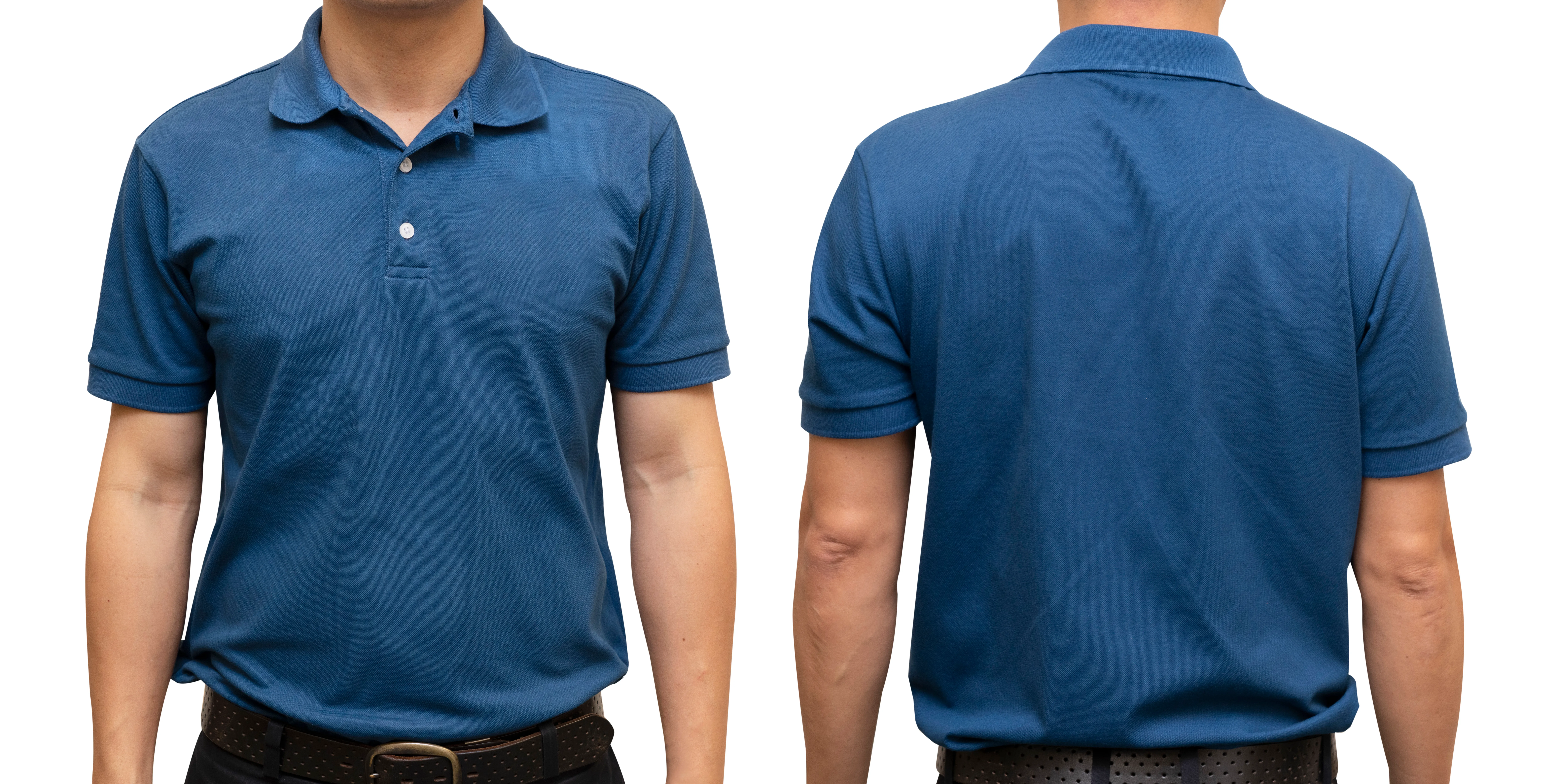 Vista frontal y posterior de hombre mostrando una playera tipo polo color azul