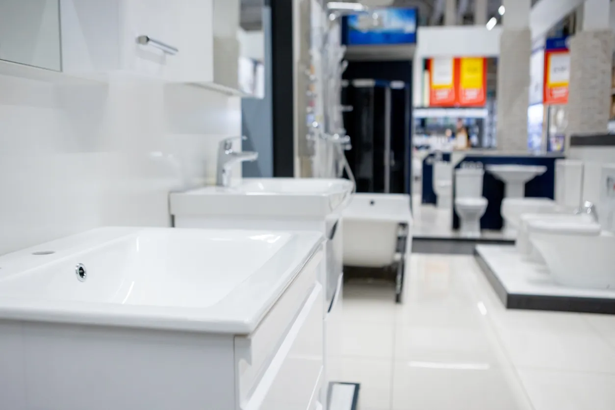 Tienda de muebles y accesorios para baño mostrando gabinetes en color blanco