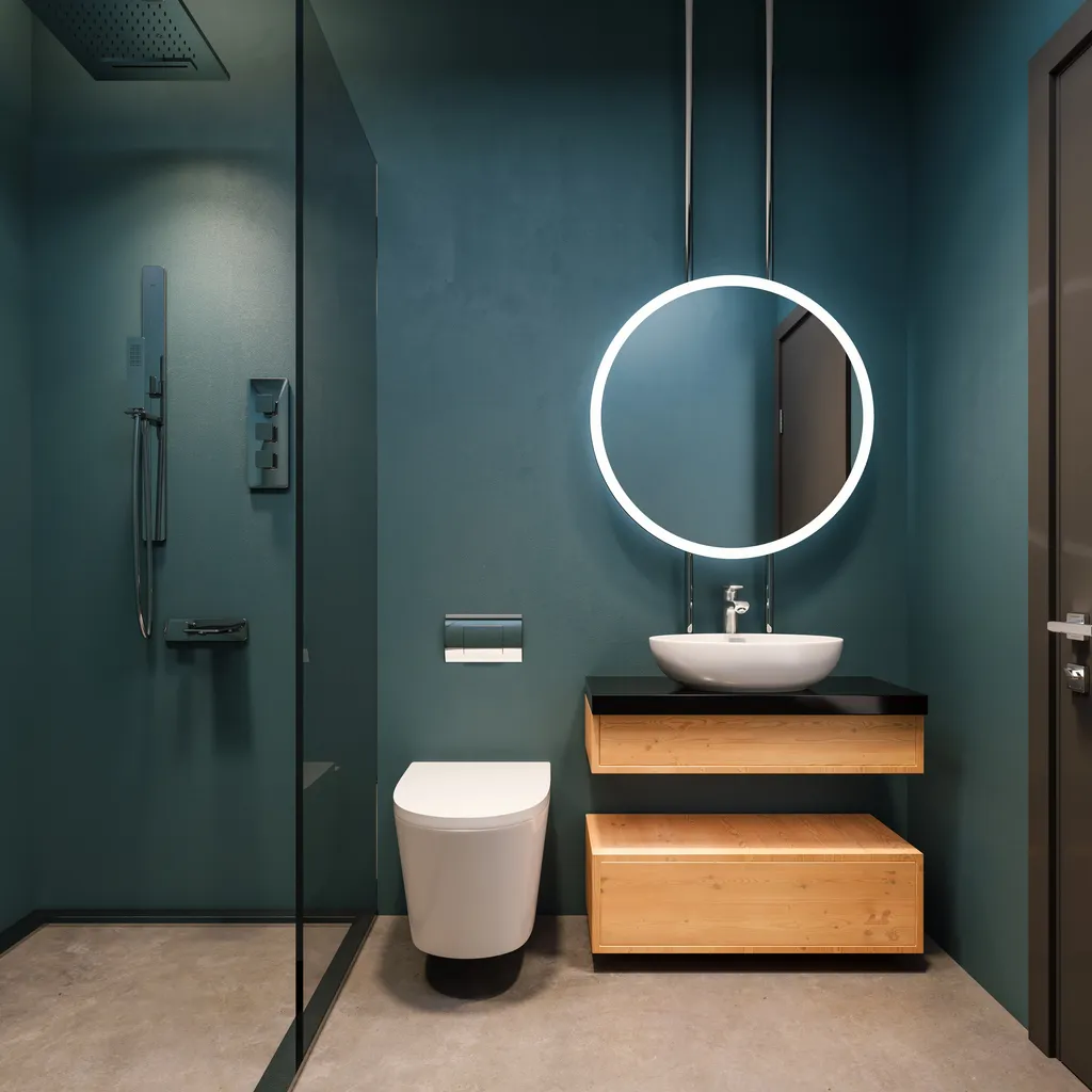 Diseño interior moderno de tocador de baño, paredes de color azul Egeo con espejos redondos, concepto minimalista y limpio.
