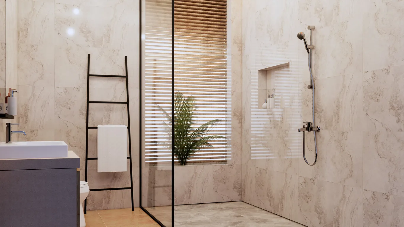 Un baño con paredes con azulejos con un concepto de iluminación natural
