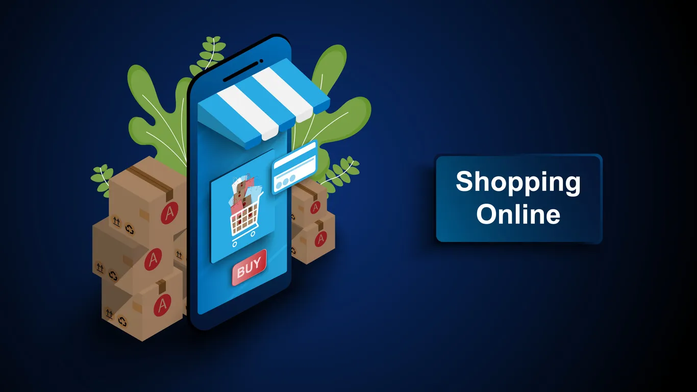 Representación de ventas en linea con un celular animado con un toldo de tienda y cajas de cartón a su alrrededor