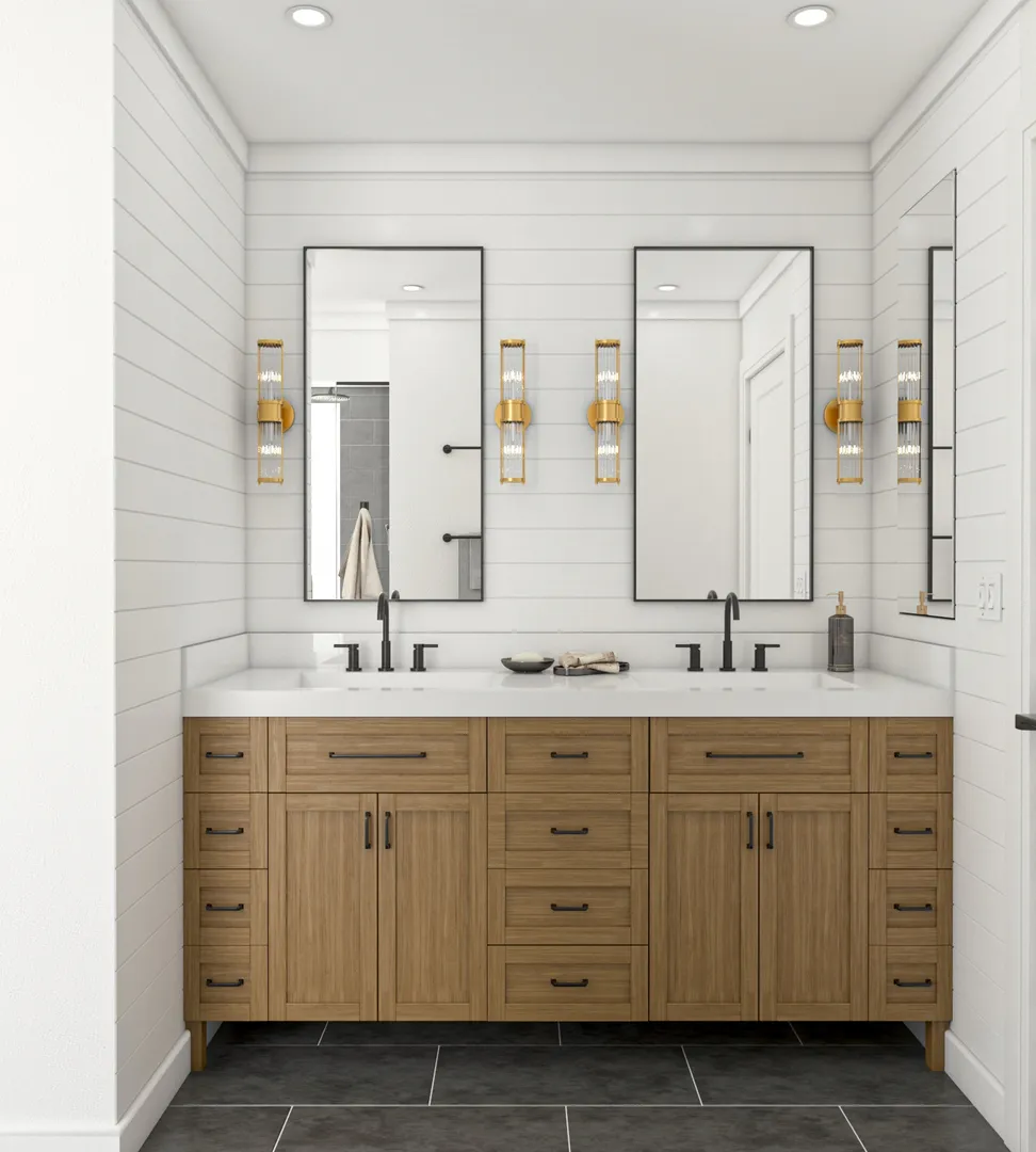 Dos espejos con mueble de madera con lavabo y cajones