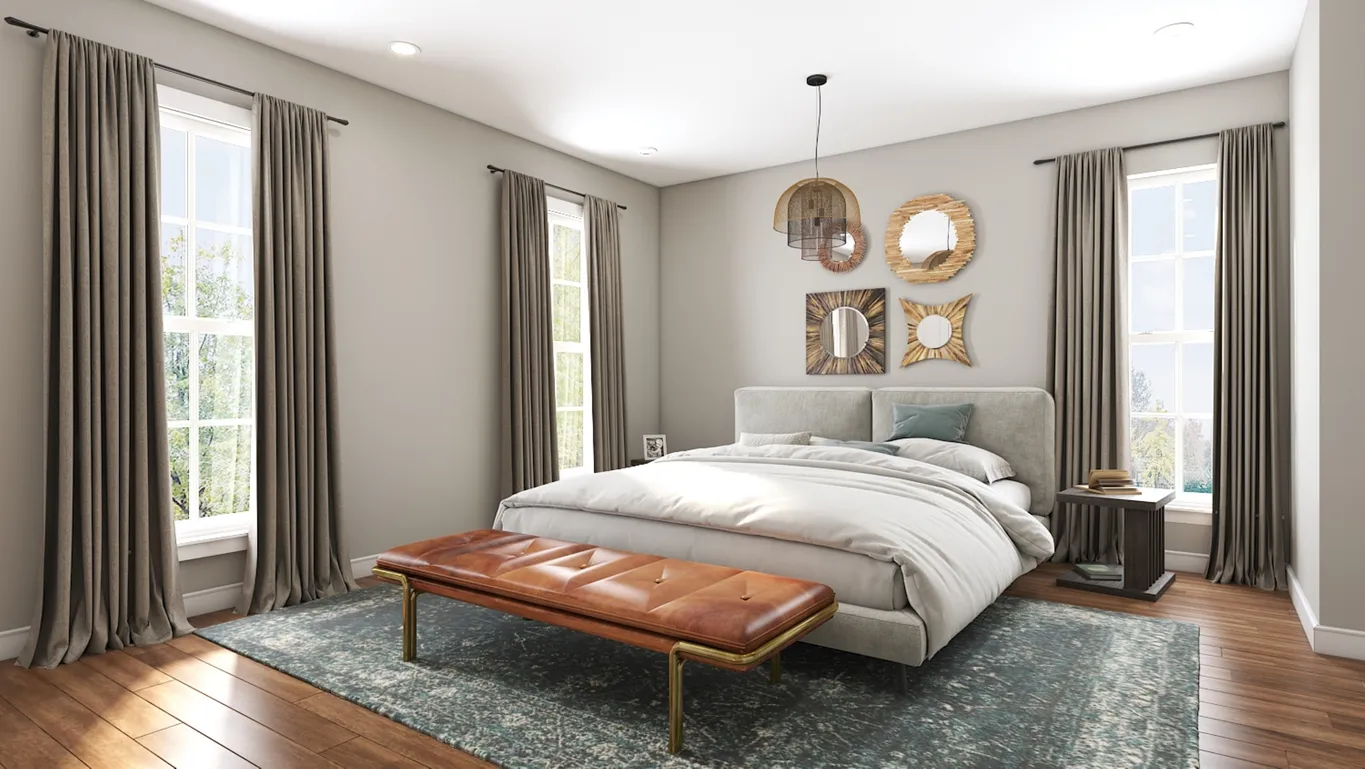 Espejos encima de la cabecera de la cama de esta recámara