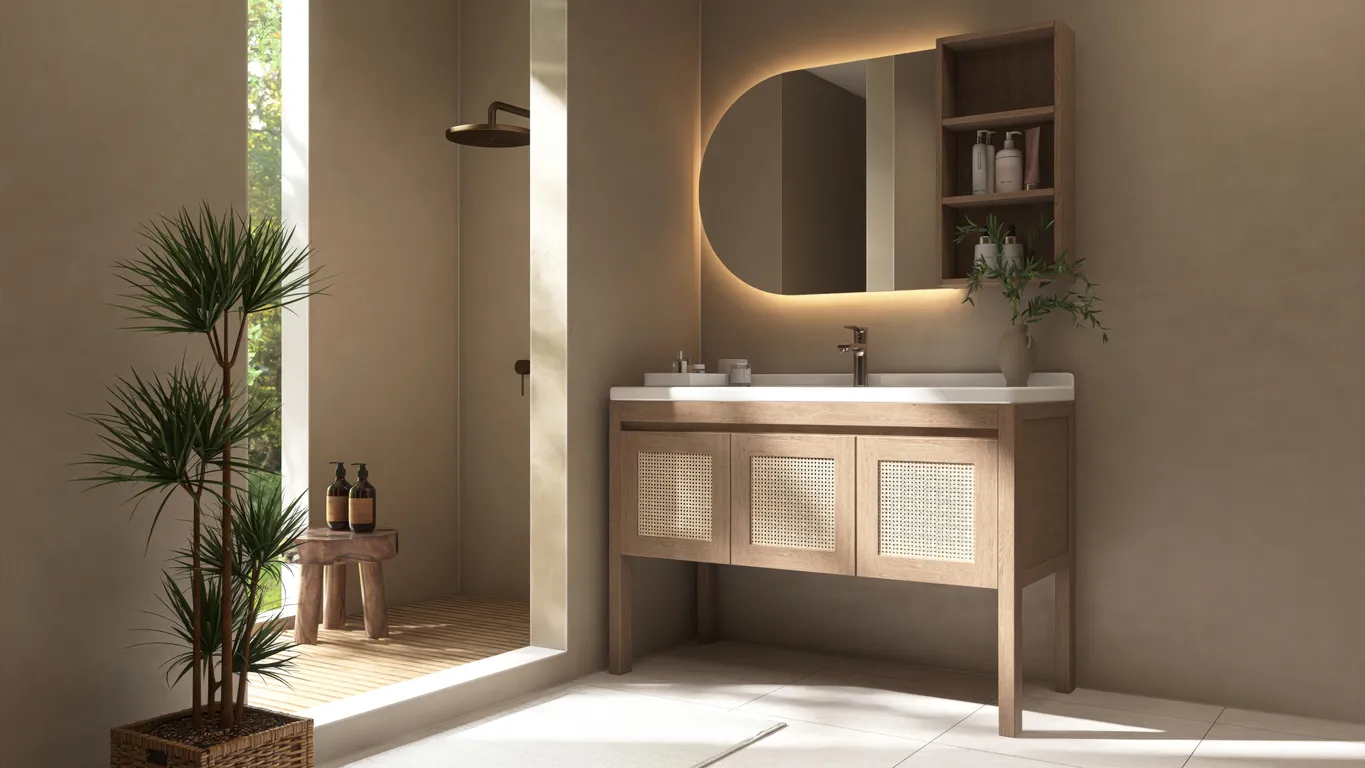 Baño de lujo en color marrón con cabina de ducha y mueble con lavabo blanco y hermoso rectangular con luz led