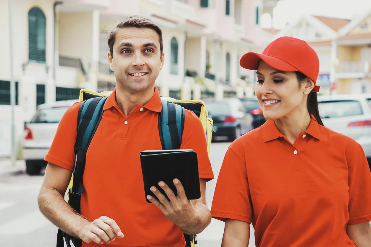 Par de  jóvenes con playera polo roja como uniforme trabajando en la calle en la elaboración de encuestas.