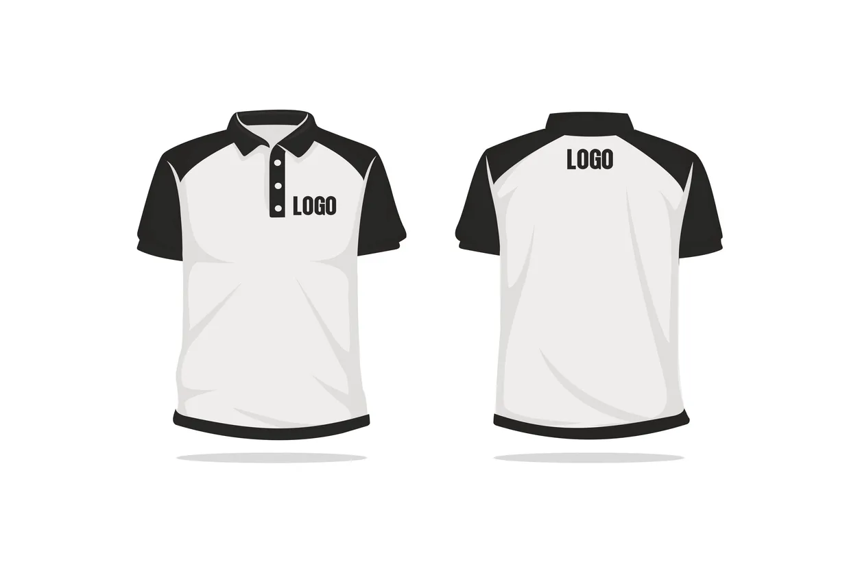 Vista frontal y posterior de una playera polo combinada deportiva con logo de colores blanco y azul