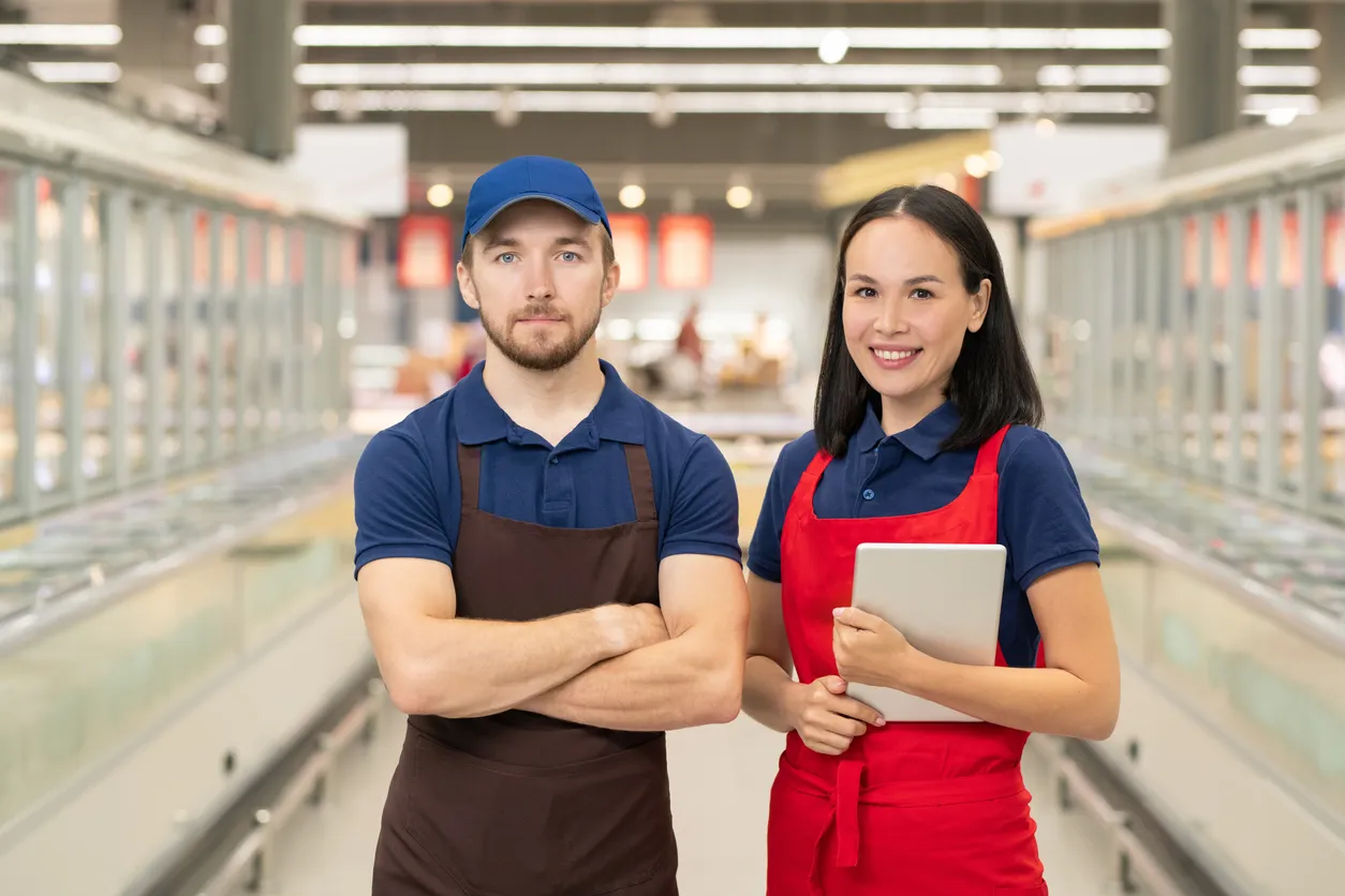 trabajadores en supermercado con playera polo azul como uniforme 