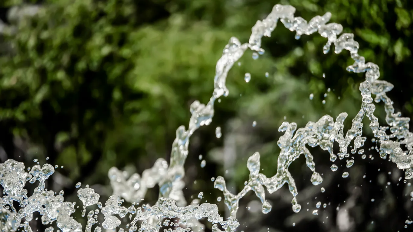 Agua salpicando y al fondo vegetación. La zeolita ayuda a un menor consumo de agua potable en riego y sanitarios.