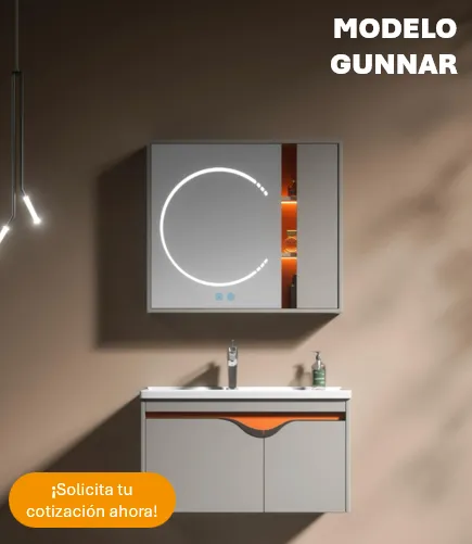 Gabinete para baño empotrado en color gris con espejo en gabinete.