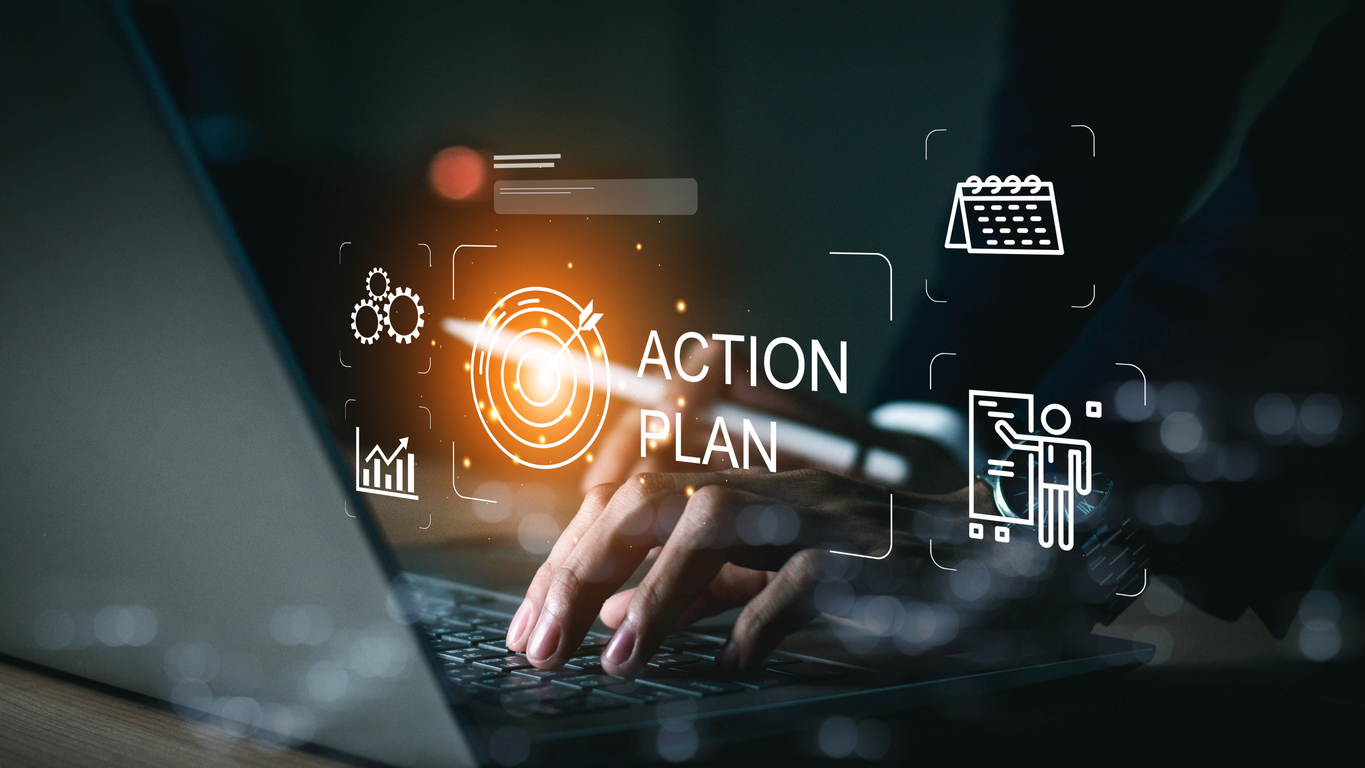 lan de Acción Estrategia Tecnológica empresarial concepto en pantalla virtual. Gestión del tiempo