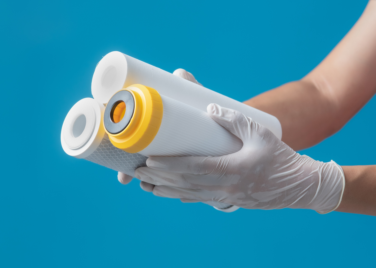 Filtros para agua potable, cartucho de filtro de agua de sujeción manual sobre fondo azul 