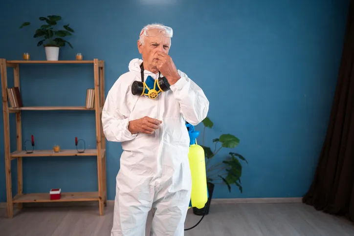 Persona con uniforme blanco de protección y mascarilla preparandose para realizar la fumigación en una casa