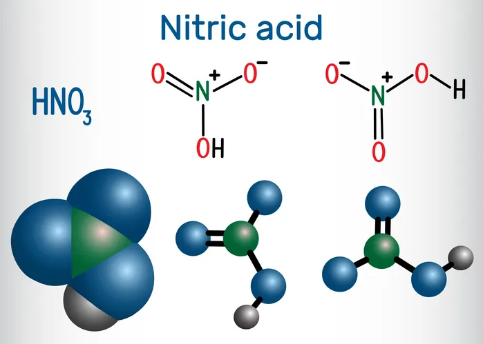 Molécula de ácido nítrico (HNO₃). Es un ácido mineral altamente corrosivo. Fórmula química estructural y modelo molecular.