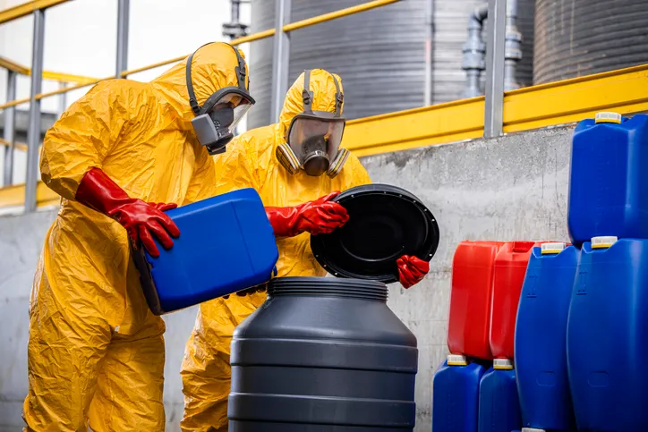 Trabajadores de una planta química con trajes de materiales peligrosos mezclando productos químicos y fabricando ácidos 