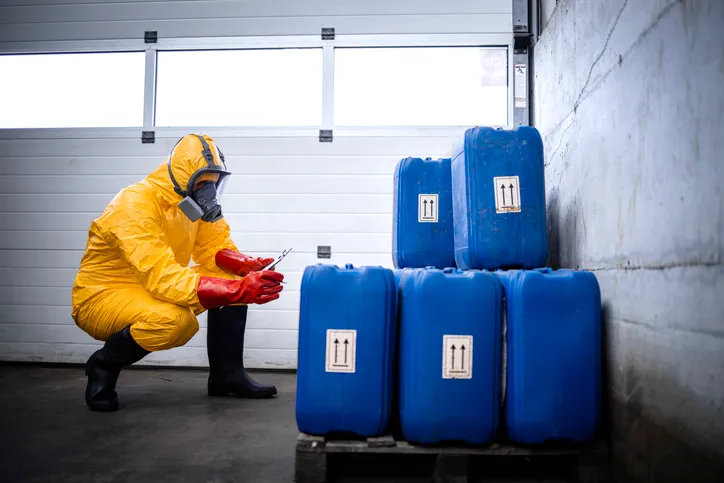 Trabajador de fábrica con traje de protección y máscara de gas revisando el inventario de productos químicos en la planta 