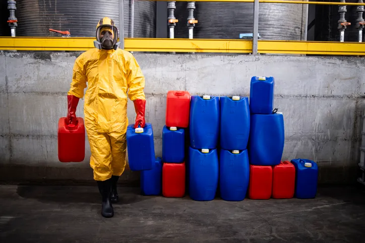 Químico con equipo de protección manipulando envases con acido