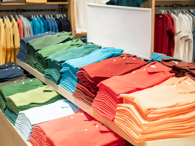 Una gran cantidad de playeras tipo polo ordenados por color