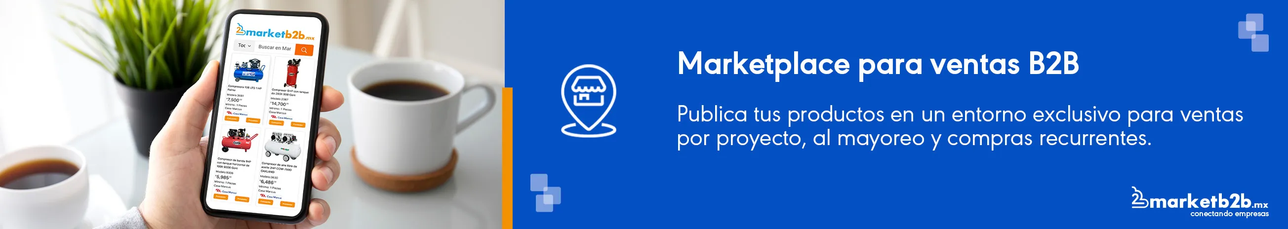 Persona con celular en la mano revisando la página del marketb2b