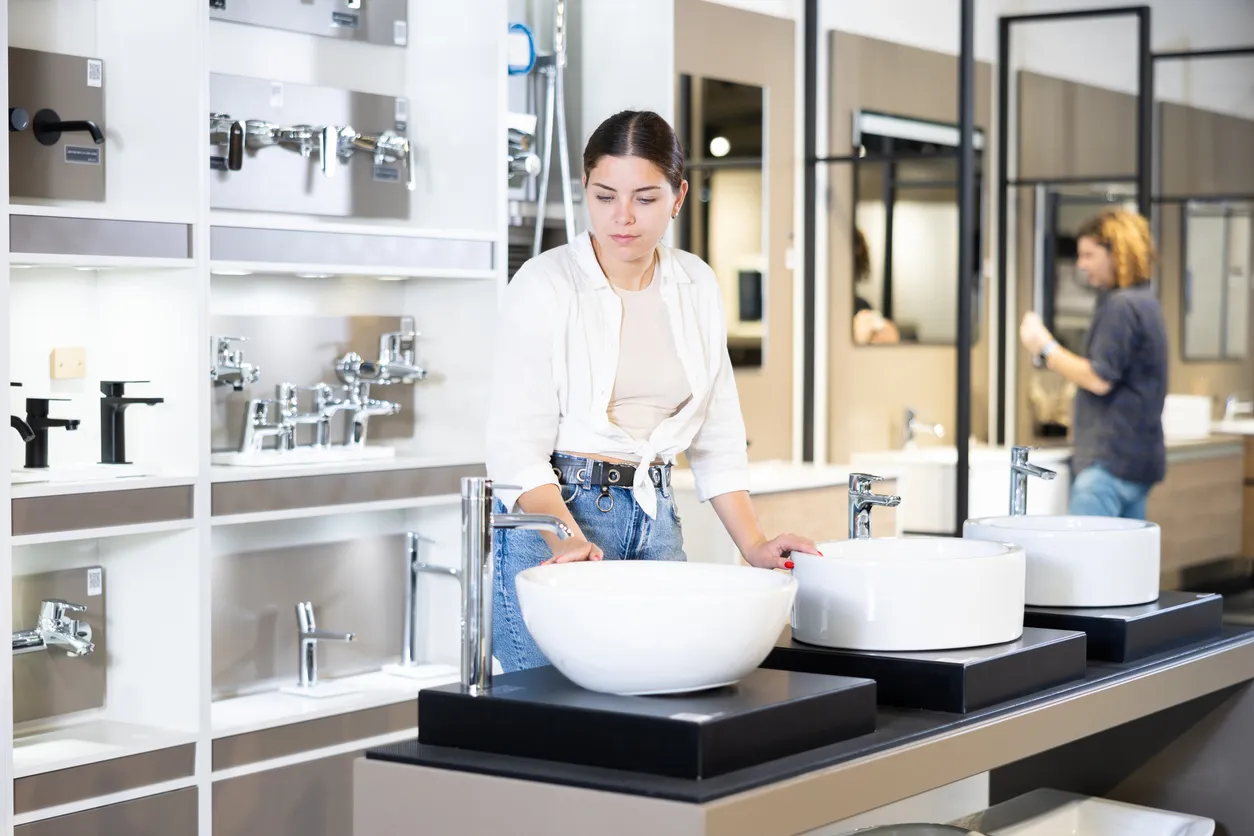 Pareja de personas en una tienda de muebles y accesorios para baño  Siempre hay tiendas de baños cerca de mí