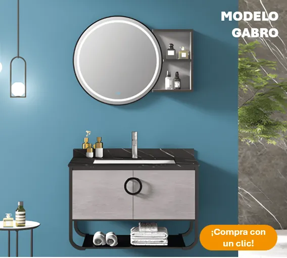 Gabinete para baño empotrado en color gris con chocolate y espejo redondo