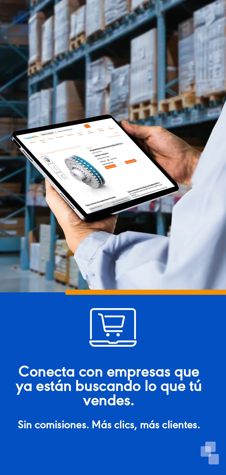 Trabajador con tablet en sus manos revisando la pagina de marketb2b