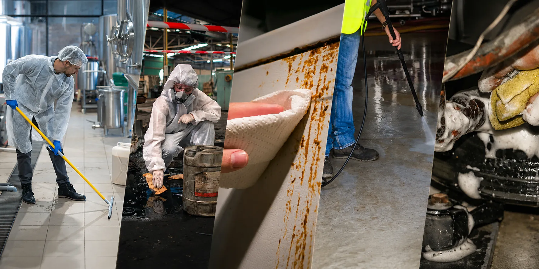varias imágenes con personas realizando actividades para quitar la grasa en diversas industrias