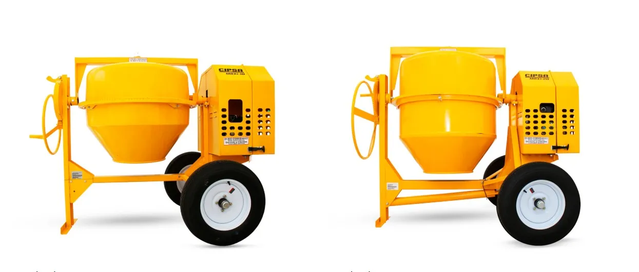 Venta de hormigoneras amarillas en una tienda con el telón de fondo de una ventana con una puesta de sol, en el interior, ind