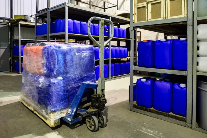 Almacén con totes y tambos de una industria química
