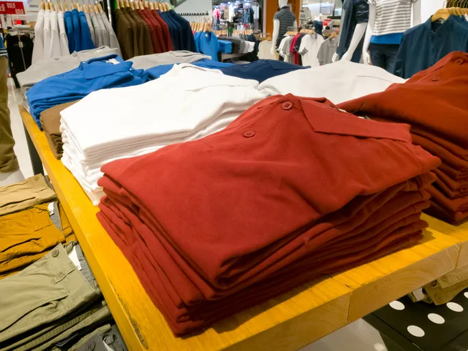 Playeras polo de diversos colores en un estante comercial