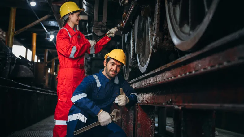Dos hombres con overoles industriales trabajando en industria