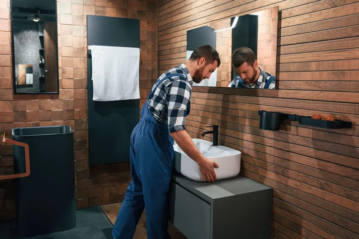  Sujetando y moviendo un lavabo. Un fontanero con uniforme azul trabaja en el baño.