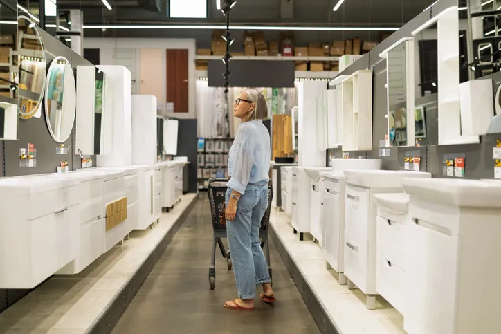 Comprar muebles de baño en una tienda de mejoras para el hogar con iluminación brillante y exhibiciones organizadas.