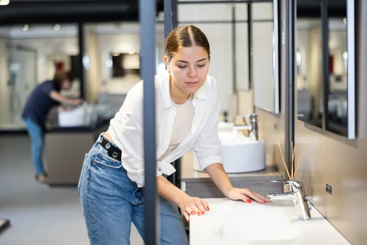 En el departamento de plomería, una mujer reflexiva inspecciona lavabos redondos de cerámica blanca con grifos.
