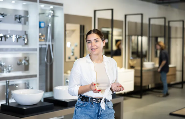 clienta haciendo una elección en una tienda de fontanería y materiales de construcción.