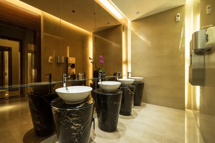 Interior contemporáneo de baño público en un hotel