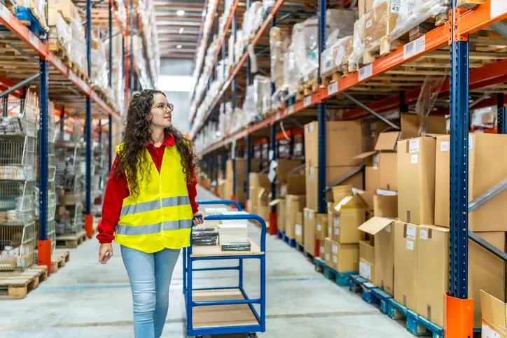 Trabajador de almacén de distribución moviendo cajas en una estantería 