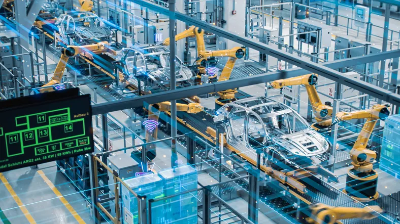 Digitalización de fábricas de automóviles Industria 4.0 5G IoT, en estos se instalan robustos sistemas UPS