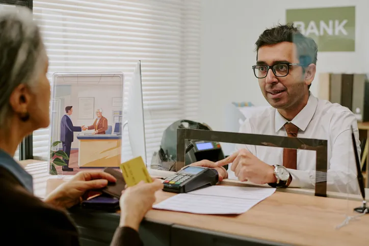 Cajero atendiendo a un cliente detrás de una mampara de cristal.