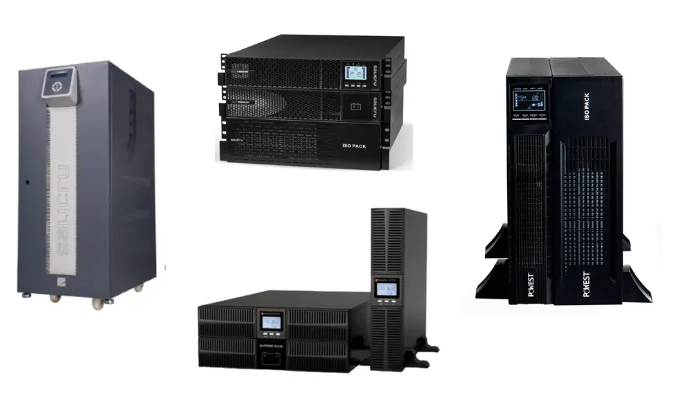 Se muestran varios UPS de 5kVA y 6kVA en rack y en torre
