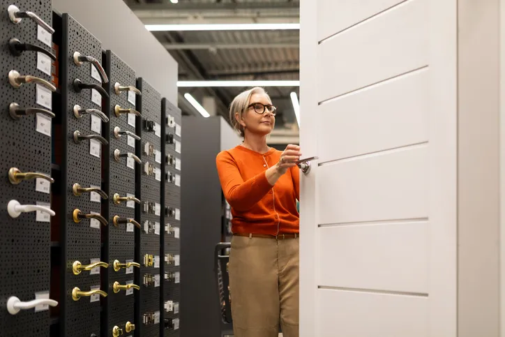 Mujer explora opciones de herrajes para puertas en una tienda moderna de bricolaje mientras elige un nuevo pomo