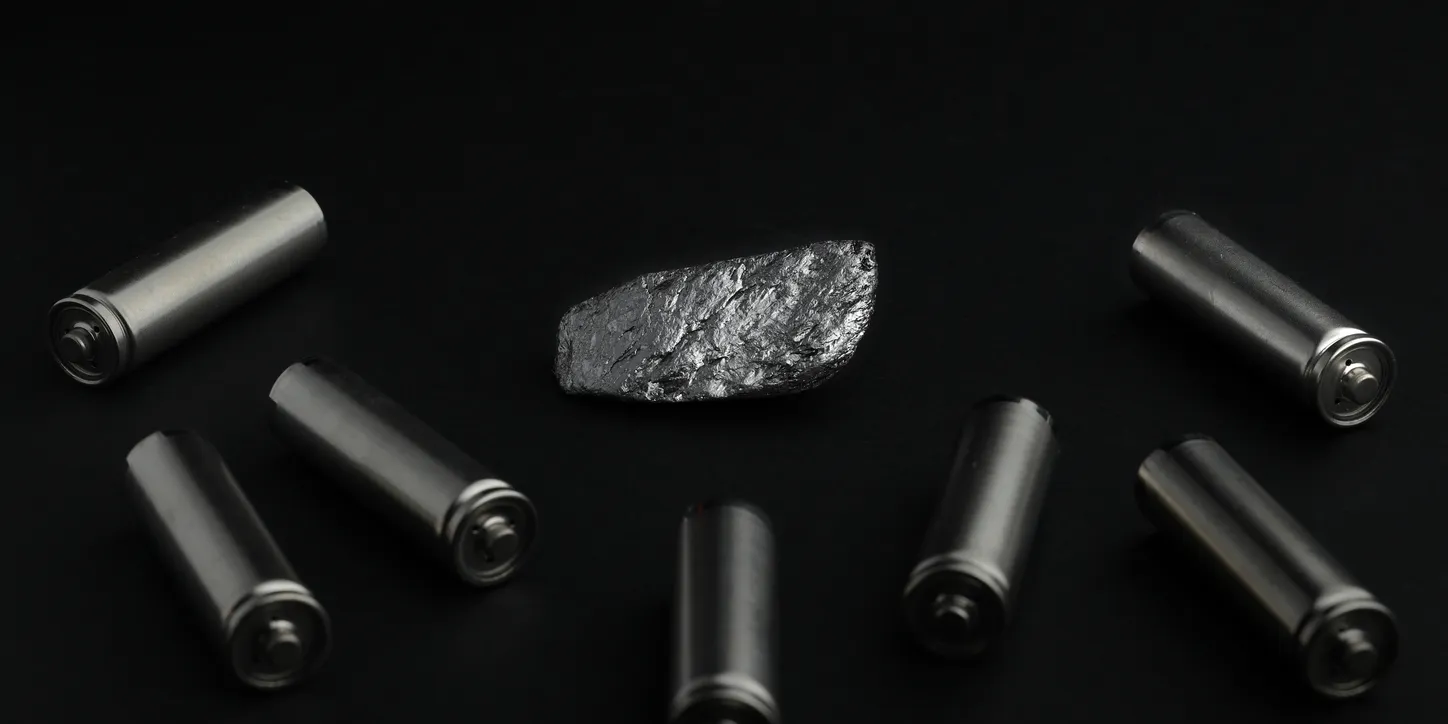 Fragmento de mineral de grafito natural, entre baterías, fondo negro