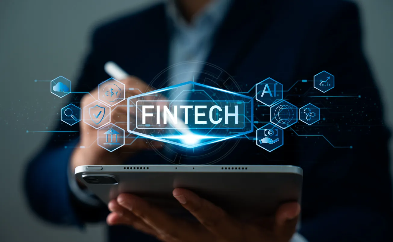 Futuro de las finanzas, tecnología de banca digital FinTech, Empresario que utiliza la aplicación financiera de IA 
