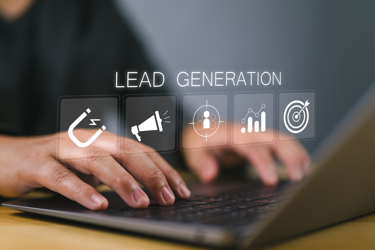 Lead Generation concept. Businessman using laptop with lead generation icon on virtua