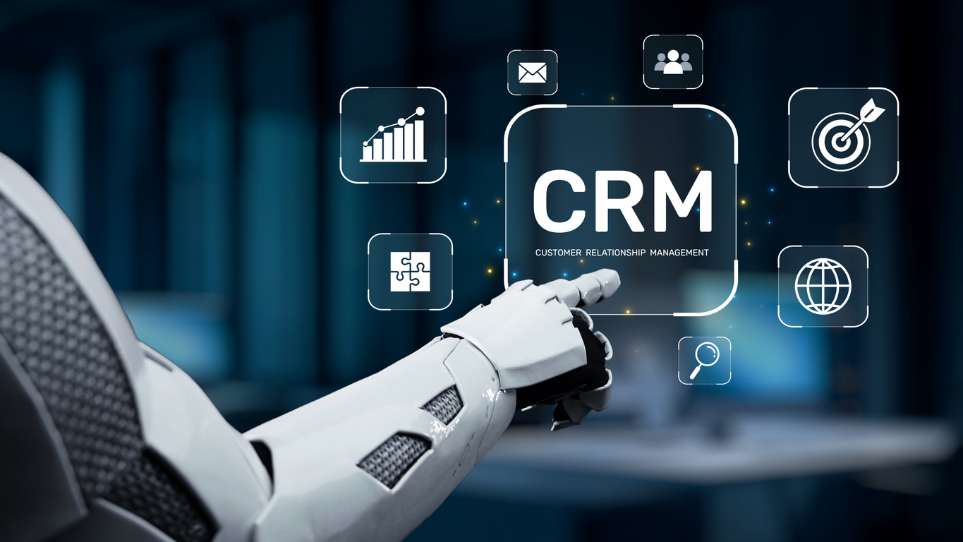 Futuristic Robot Hand Pointing to CRM Concept with Icons Representing Customer Engagement, Data Analytics