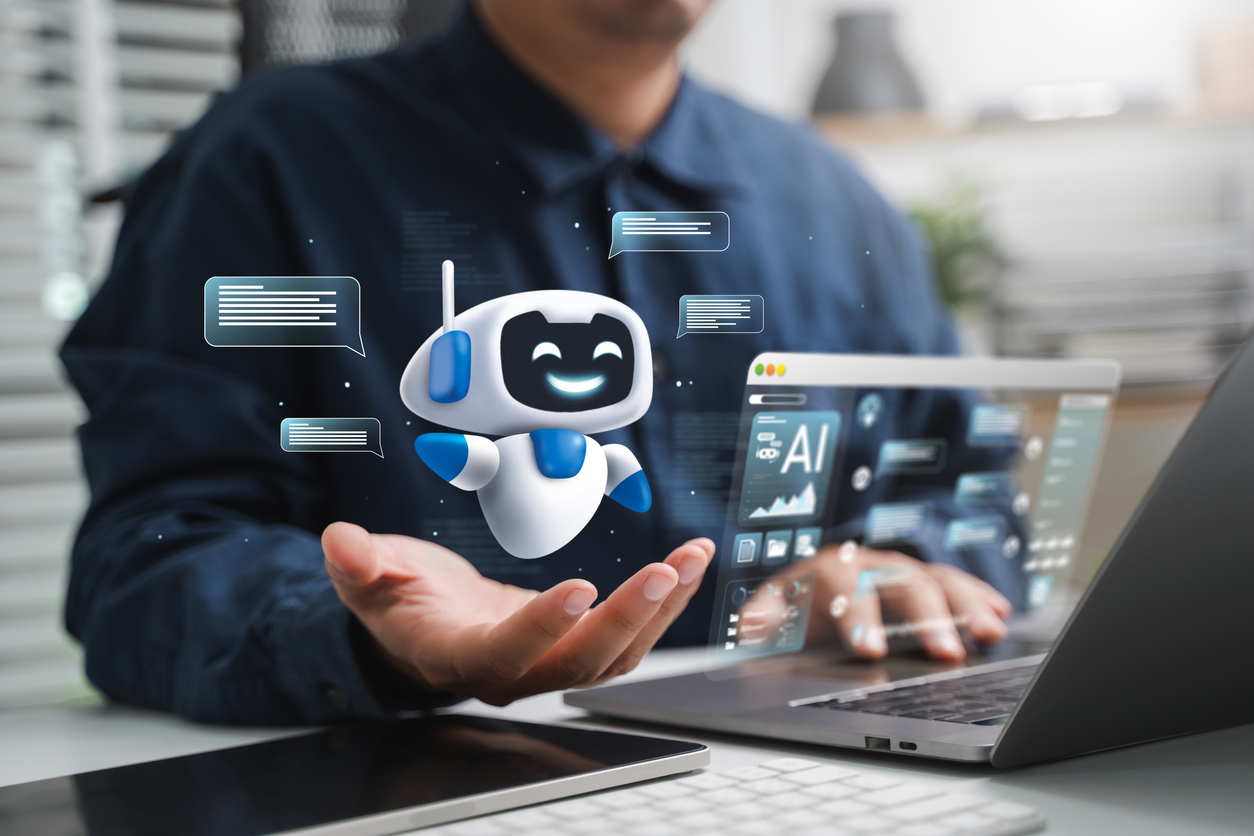 AI content creation tools: Man uses laptop with AI assistant for graphic design, translation, chatbot, image creation, coding