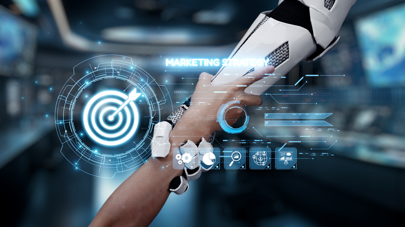 Brazo robótico avanzado que interactúa con datos de marketing digital en un espacio de trabajo futurista,