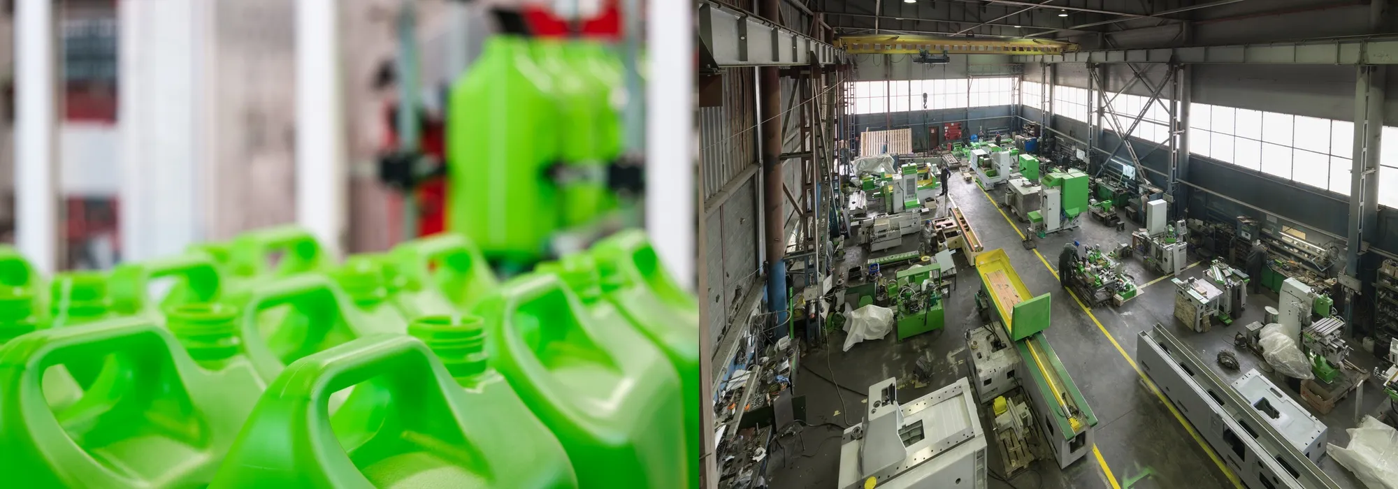 dos imágenes a la izquierda bidones con desengrasante biodegradable y a la derecha fabrica con maquinas industriales