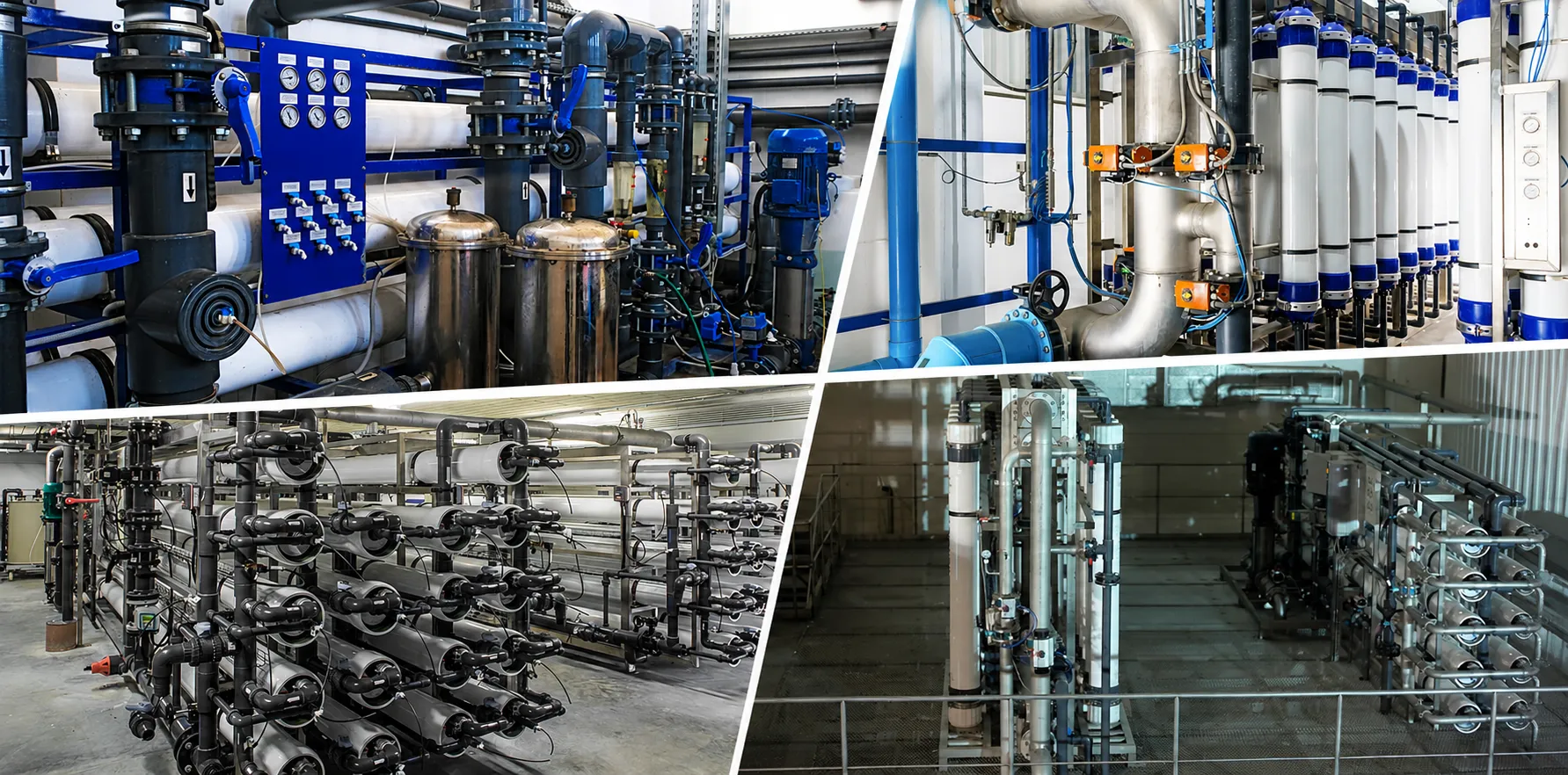 Se muestran sistemas de osmosis inversa en diferentes industrias.